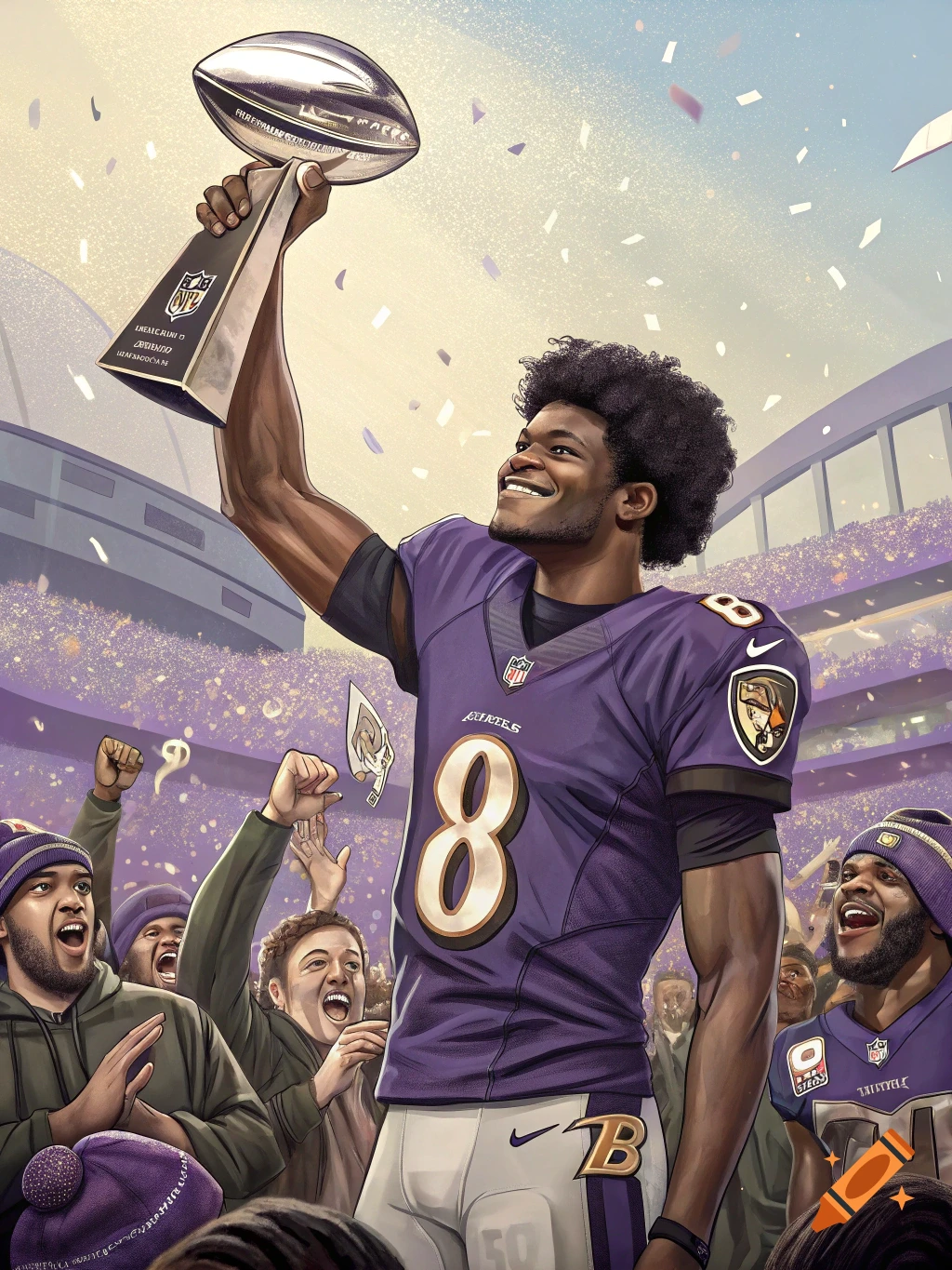 Illustrated image of Lamar Jackson in a purple Ravens jersey holding a Super Bowl trophy aloft, with cheering fans in a stadium background.