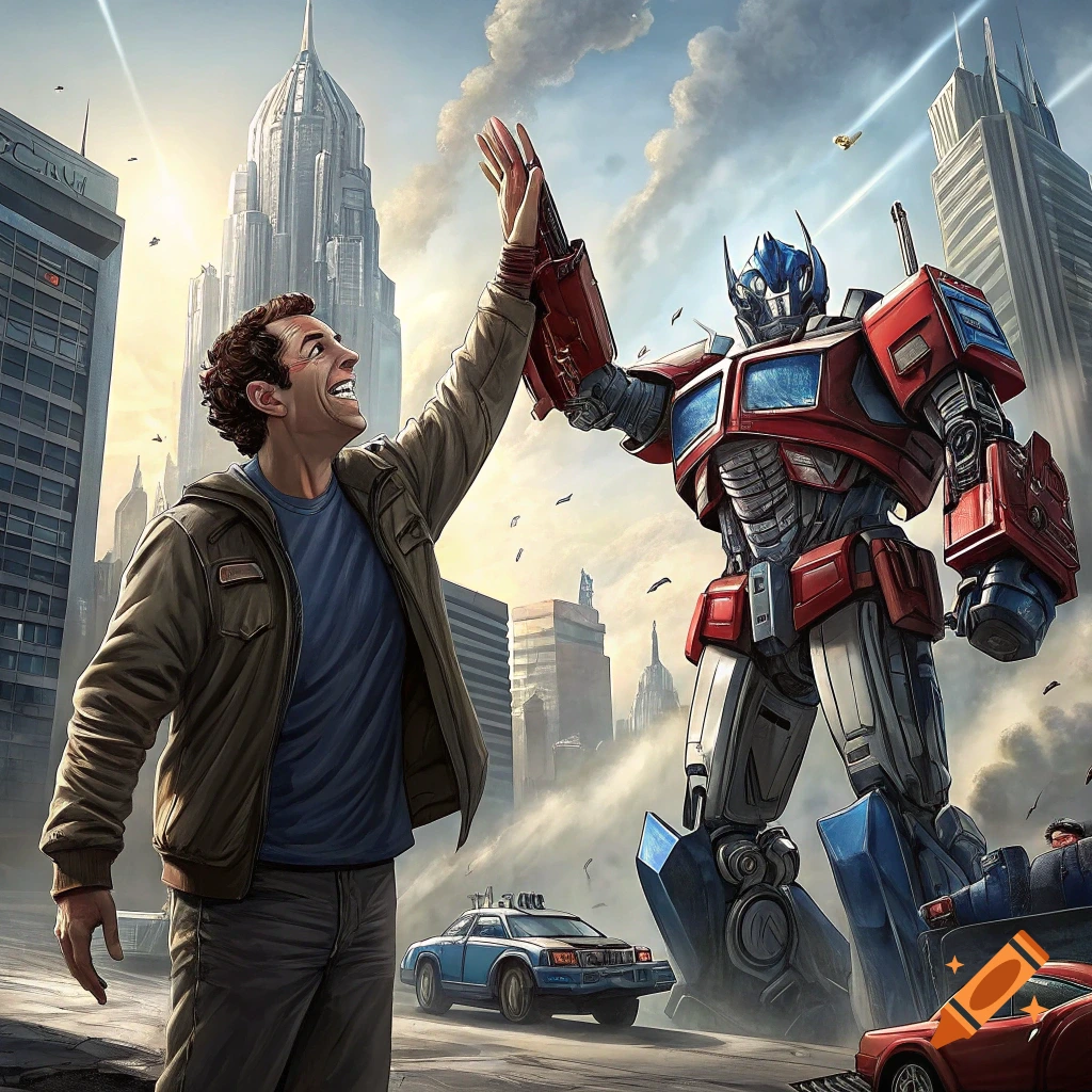 Adam Sandler high-fives Optimus Prime in a bustling city street with tall buildings and cars.