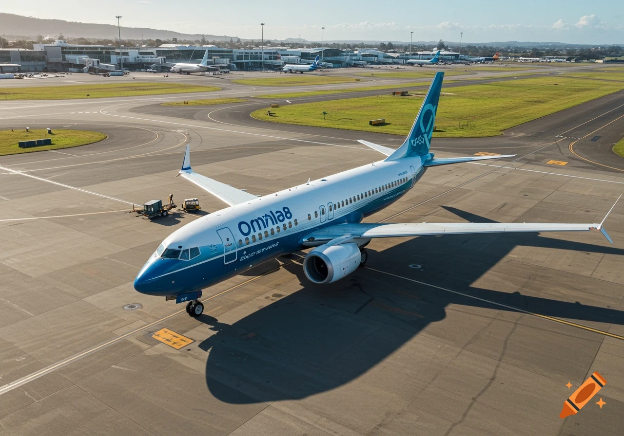 A blue and white Boeing 737max-8 airplane with 'OmniAir' on its side is parked on the tarmac at an airport.