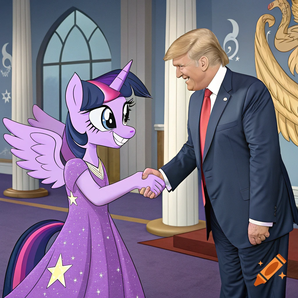 A purple cartoon pony, Twilight Sparkle, shakes hands with Donald Trump in a formal setting.