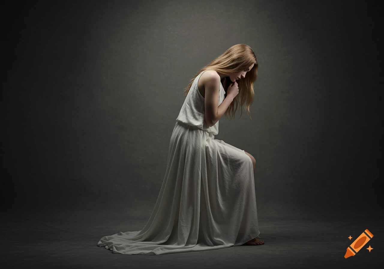 A young woman with long blonde hair in a white flowing dress kneels in a studio, looking down with a somber expression. Photorealistic style.