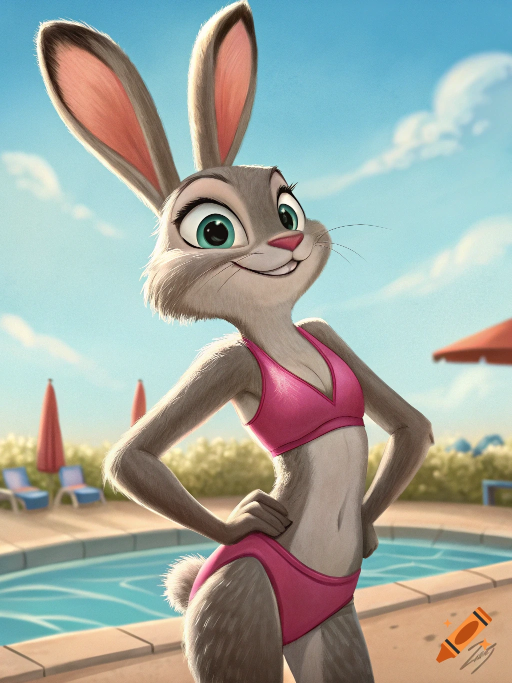 Judy Hopps, the anthropomorphic rabbit from Zootopia, stands in a pink bikini by a pool under a clear blue sky, smiling.