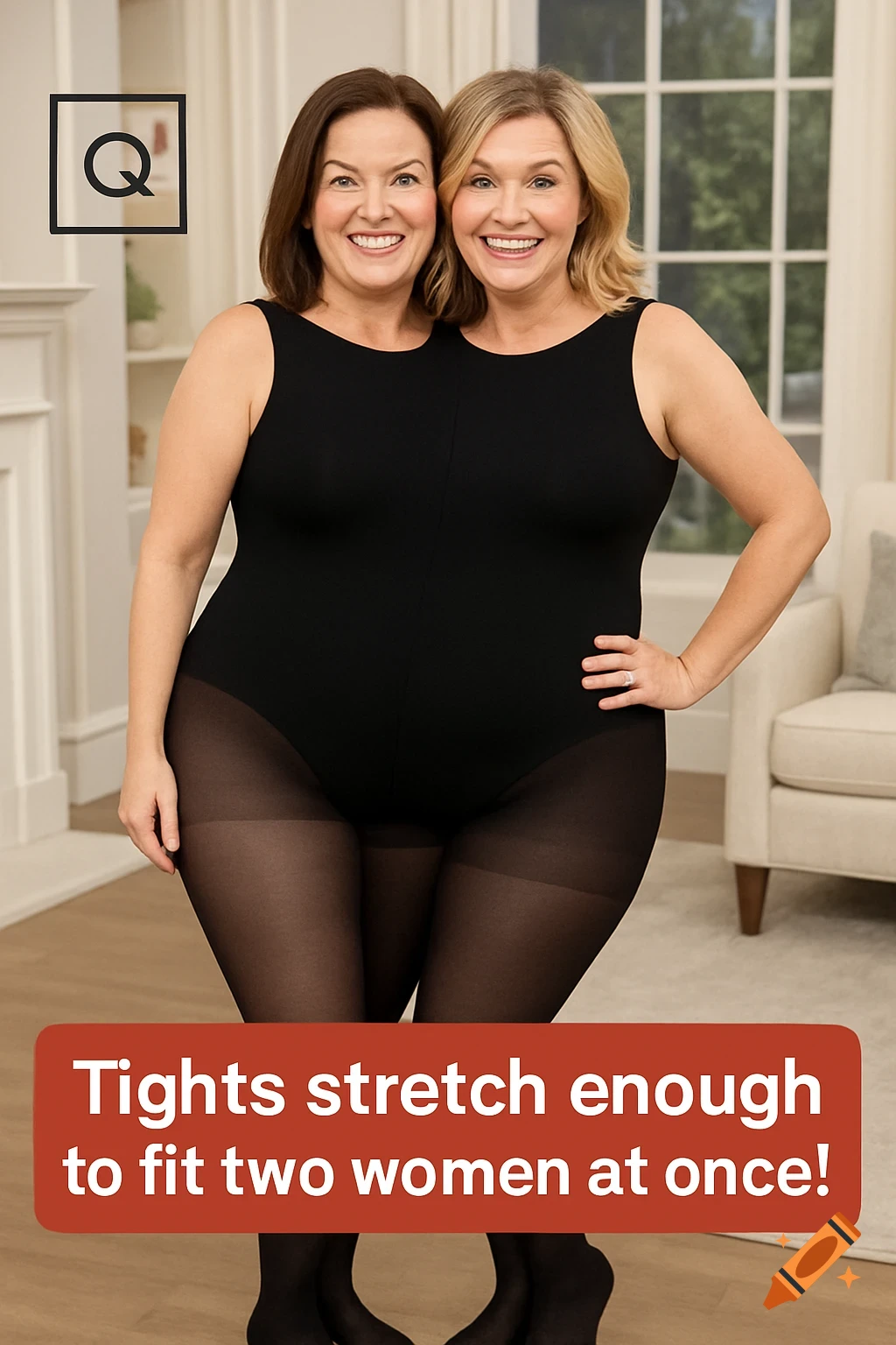 Two women merged into one body in black leotard and sheer black tights, demonstrating stretchiness. Text: Tights stretch enough to fit two women at once!