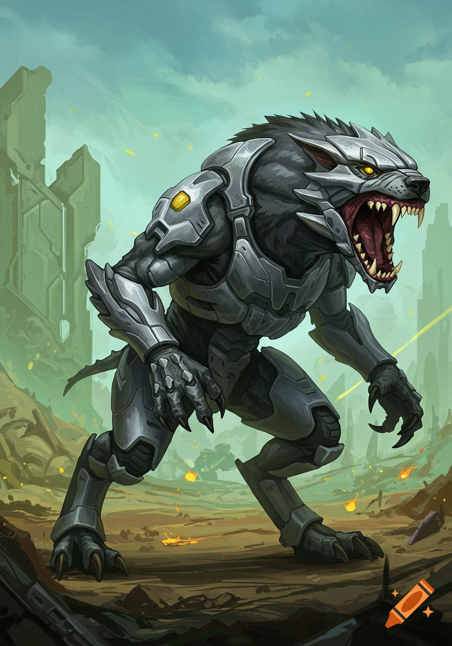 An armored wolf-like creature with bared fangs stands in a ruined landscape, digital illustration.