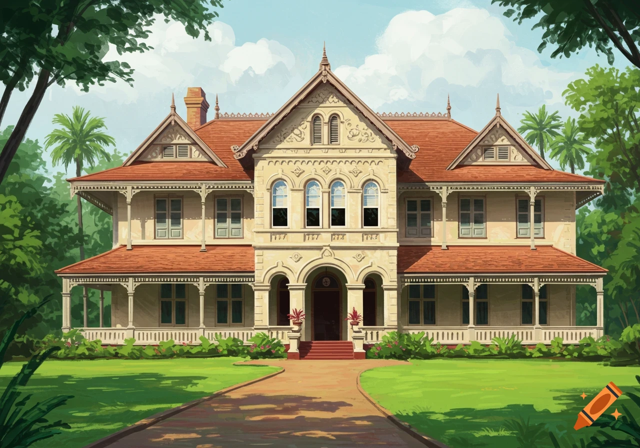A grand, British colonial-era mansion with a red roof, surrounded by green lawns and lush trees under a blue sky.