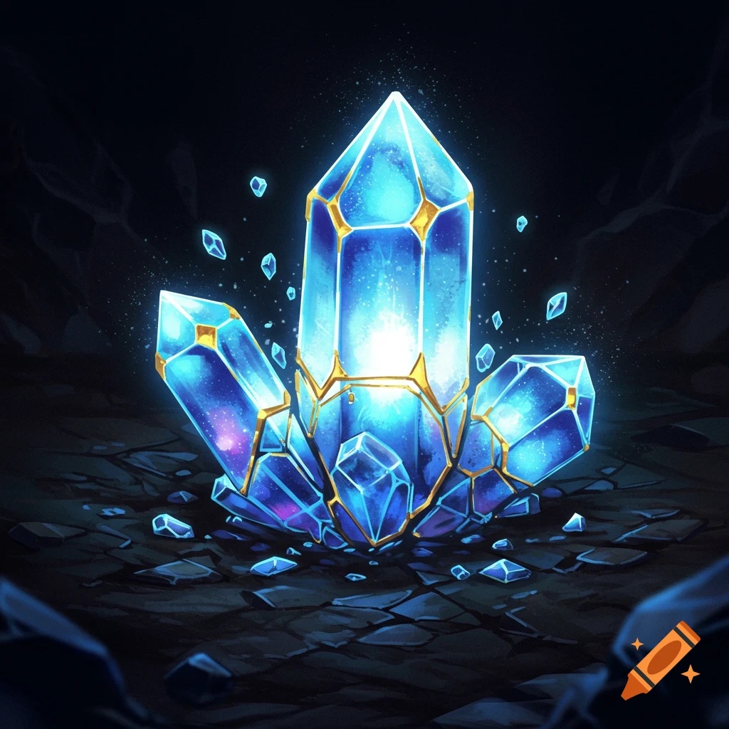 Glowing blue and gold fantasy crystals on dark, rocky ground, emitting a bright light.