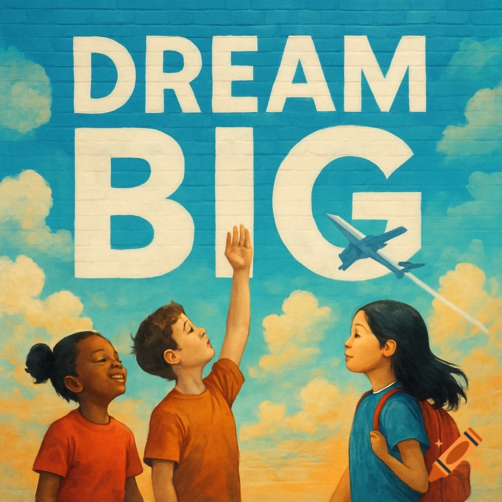 A colorful mural on a brick wall with 'DREAM BIG' in large white letters above three children looking up at a plane flying through the sky. The art style is painterly.