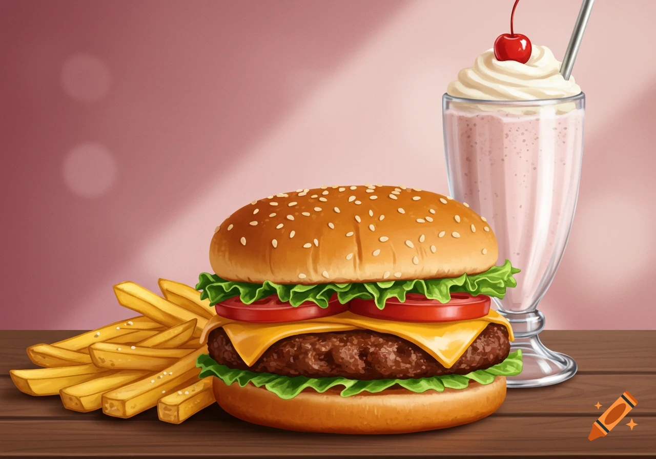 A cartoon-style illustration of a cheeseburger, a pile of french fries, and a strawberry milkshake on a wooden table with a pink background.