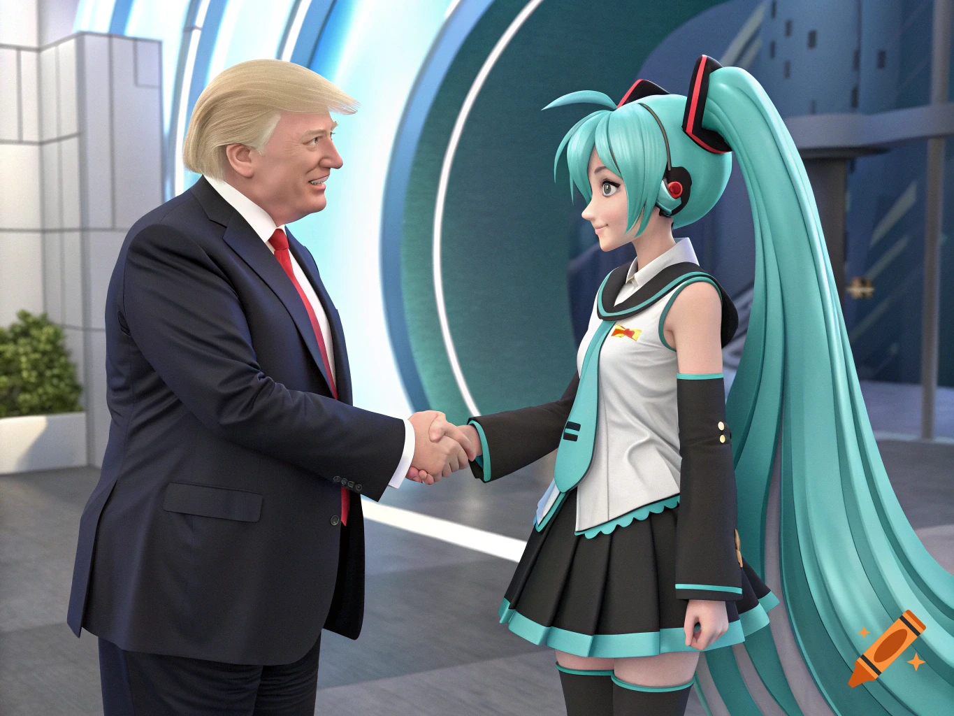Donald Trump in a suit shaking hands with Hatsune Miku in a stylized 3D rendering.