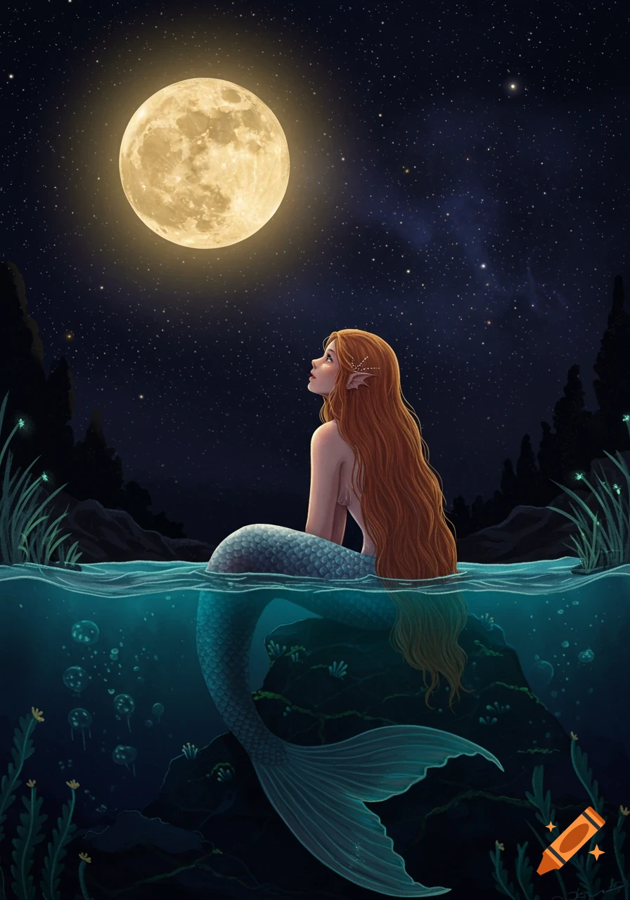 An illustrated mermaid with long red hair sits on a rock, looking up at ...