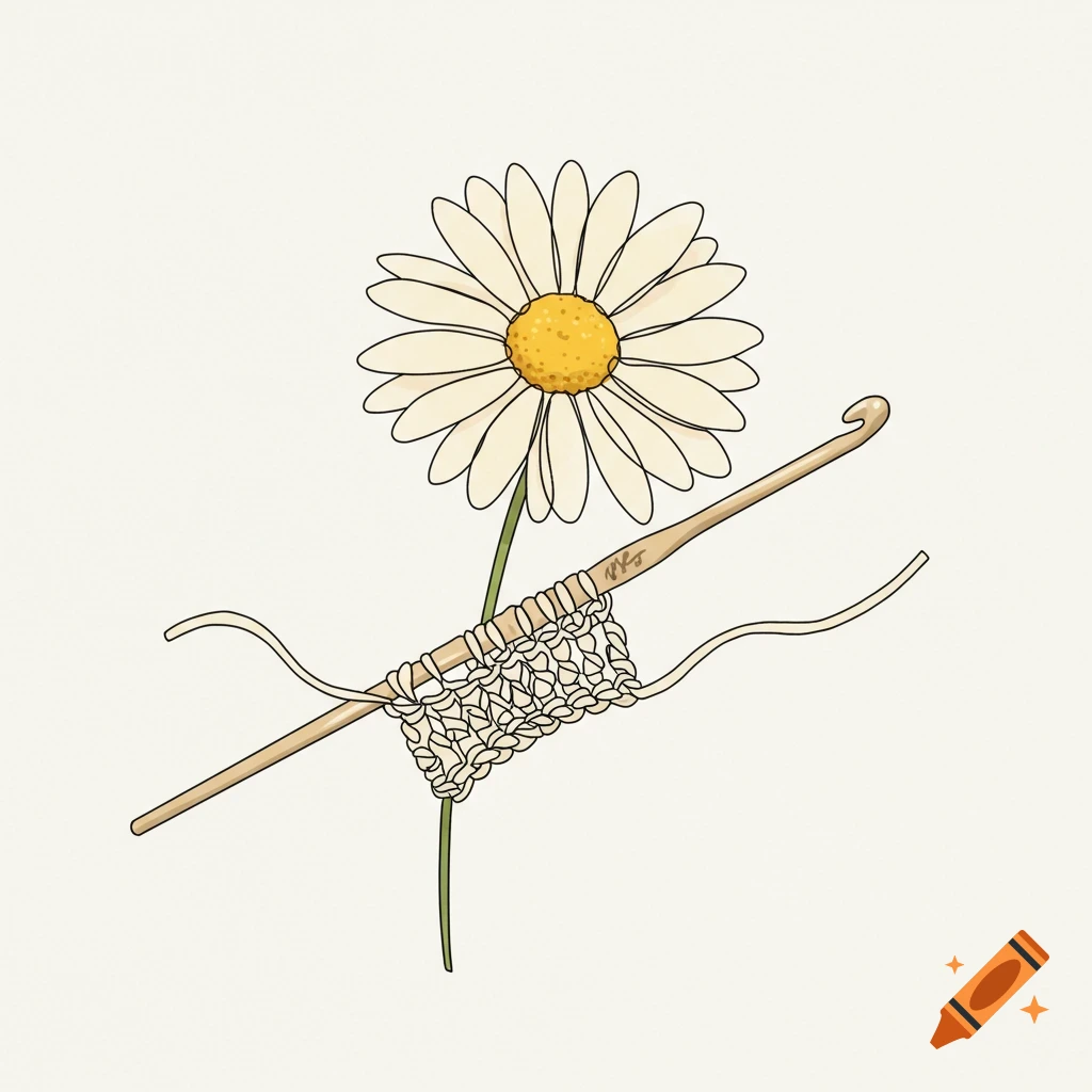 A line art drawing of a white daisy with a crochet hook and a small piece of yarn. The background is plain off-white.