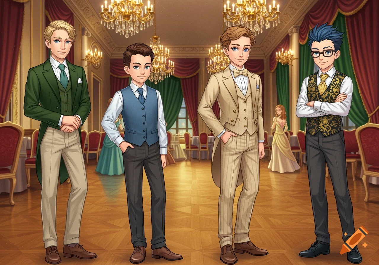 Four anime-style teenage boys in tuxedos and formal wear stand in a lavish ballroom with chandeliers and red drapes.