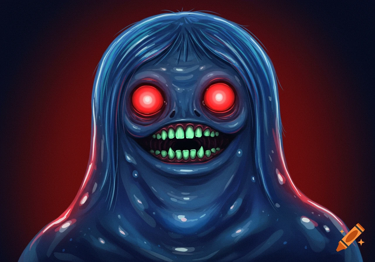 A grotesque blue slime monster with glowing red eyes and sharp green teeth, digital art style.