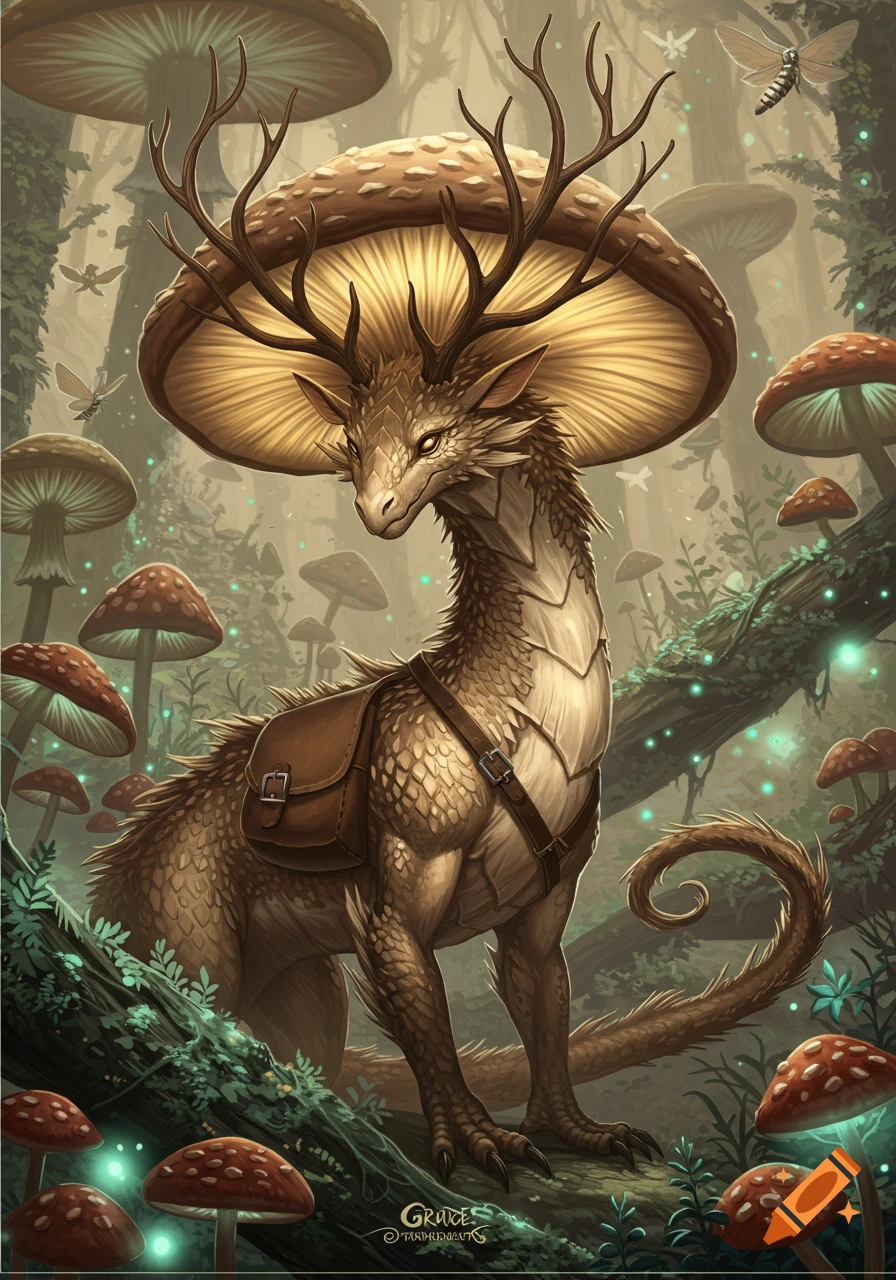 A fantasy mushroom dragon with deer antlers and a saddlebag stands in a ...