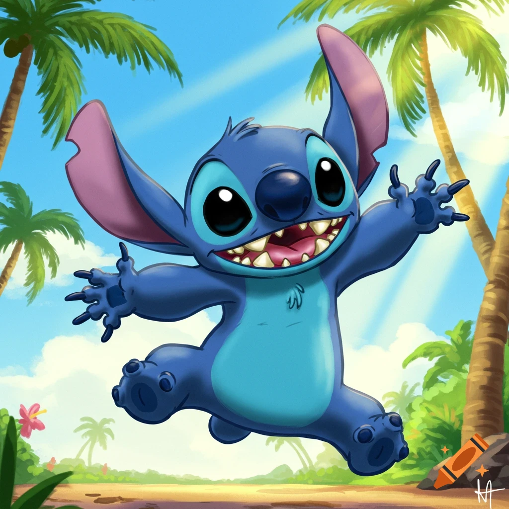 A cheerful blue Stitch character with large ears and wide smile, leaping against a bright blue sky with palm trees and sun rays in a tropical setting.