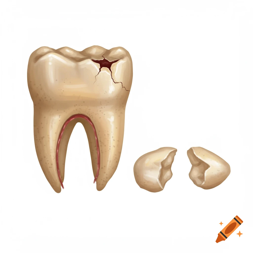 Anatomy illustration of a cracked molar tooth with a deep fissure, next to two broken tooth fragments on a white background.