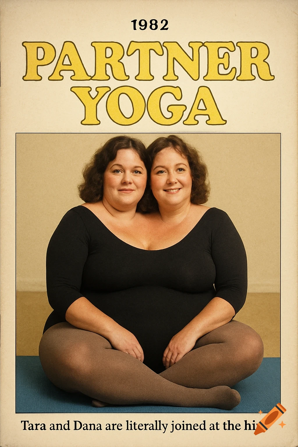 A retro 1982 poster for Partner Yoga featuring two conjoined women sitting on a mat in a leotard and tights.