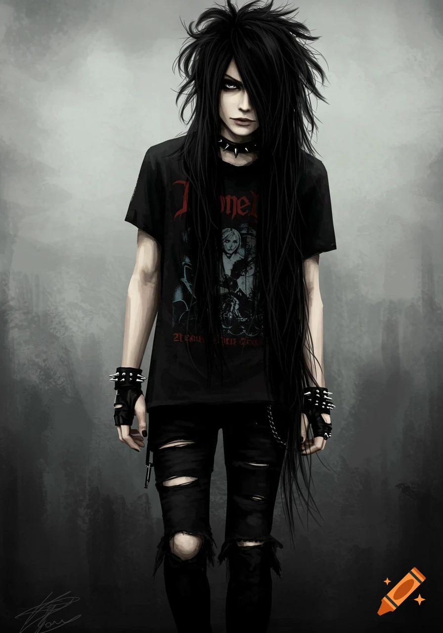 An illustration of a person with long black hair, wearing emo clothing, including a black t-shirt, ripped jeans, and spiked accessories.