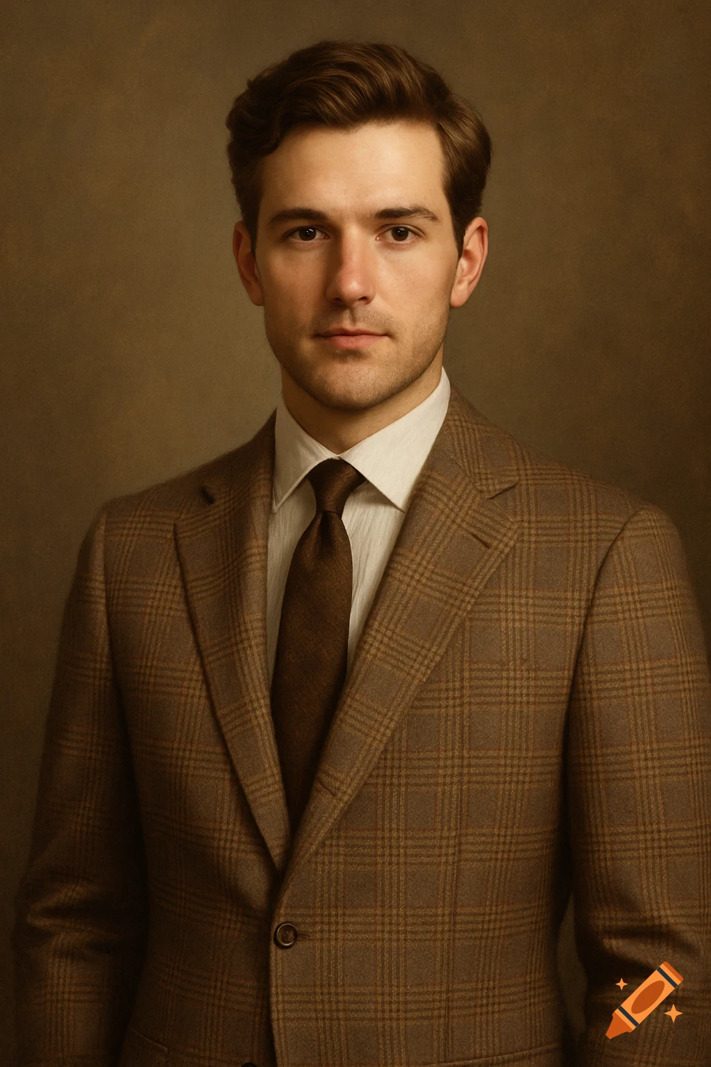 A photorealistic portrait of a man in a brown plaid suit and tie against a muted background.