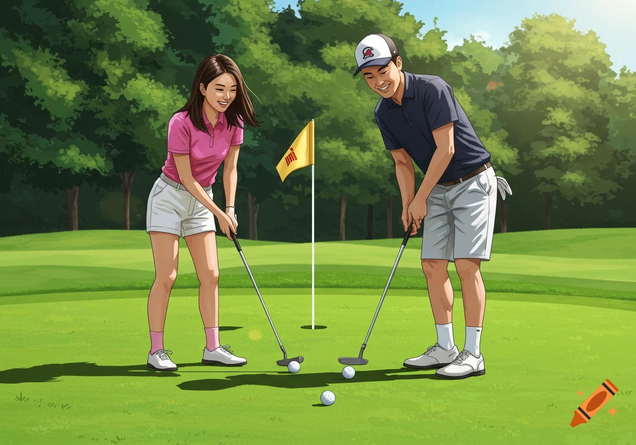 An Asian couple smiling while playing golf on a green course with trees under a blue sky, in a cartoon style.