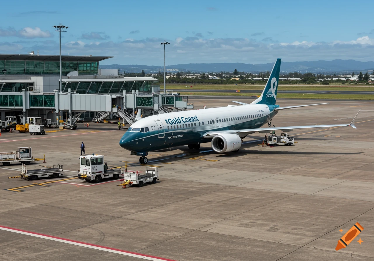 Photorealistic image of a white and teal Boeing 737 Gold Coast airplane parked at an airport gate on a sunny day.