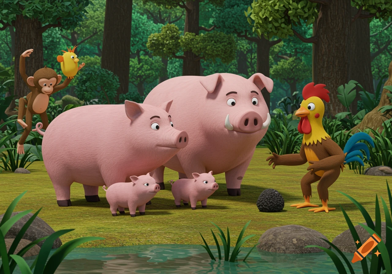 Cartoon pig family, rooster, and monkey in a vibrant forest, looking at a black truffle. 3D animated style.