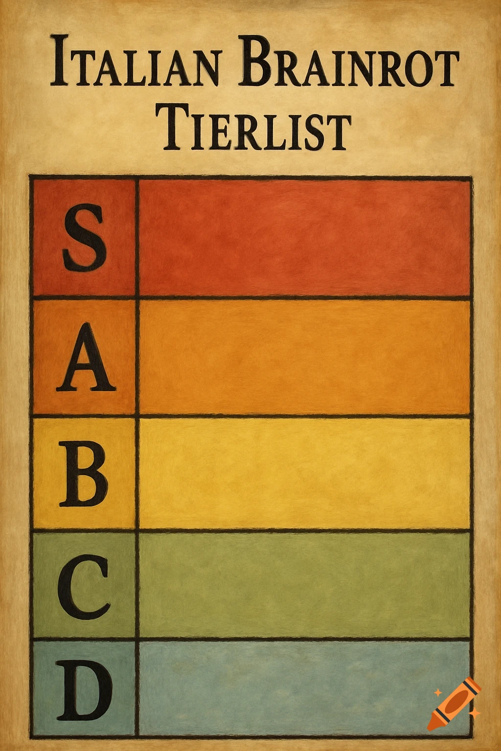 An Italian Brainrot Tierlist chart with red, orange, yellow, green, and blue tiers labeled S, A, B, C, D.