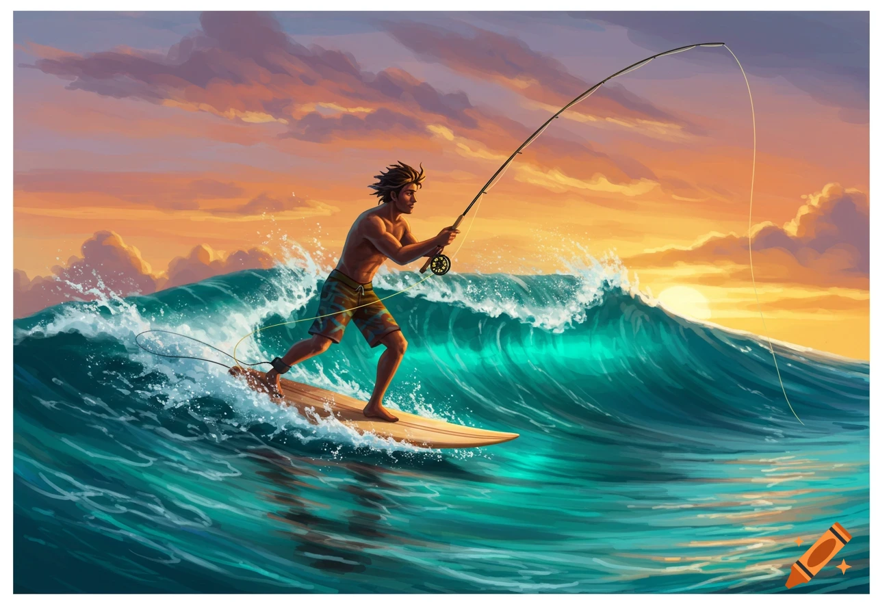 A man surfs a large teal wave at sunset while fly fishing, with vibrant orange and purple clouds.