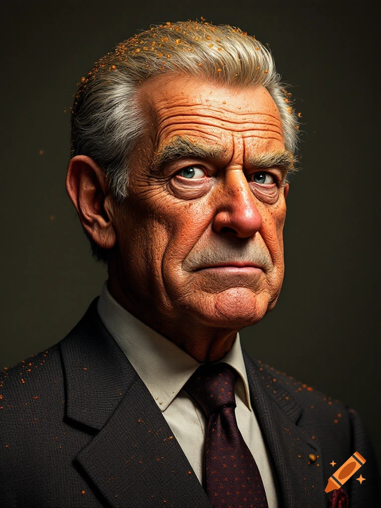 A close-up photorealistic portrait of an older man in a suit with grey hair, his face heavily wrinkled, and small gold granules scattered on his hair and shoulders.