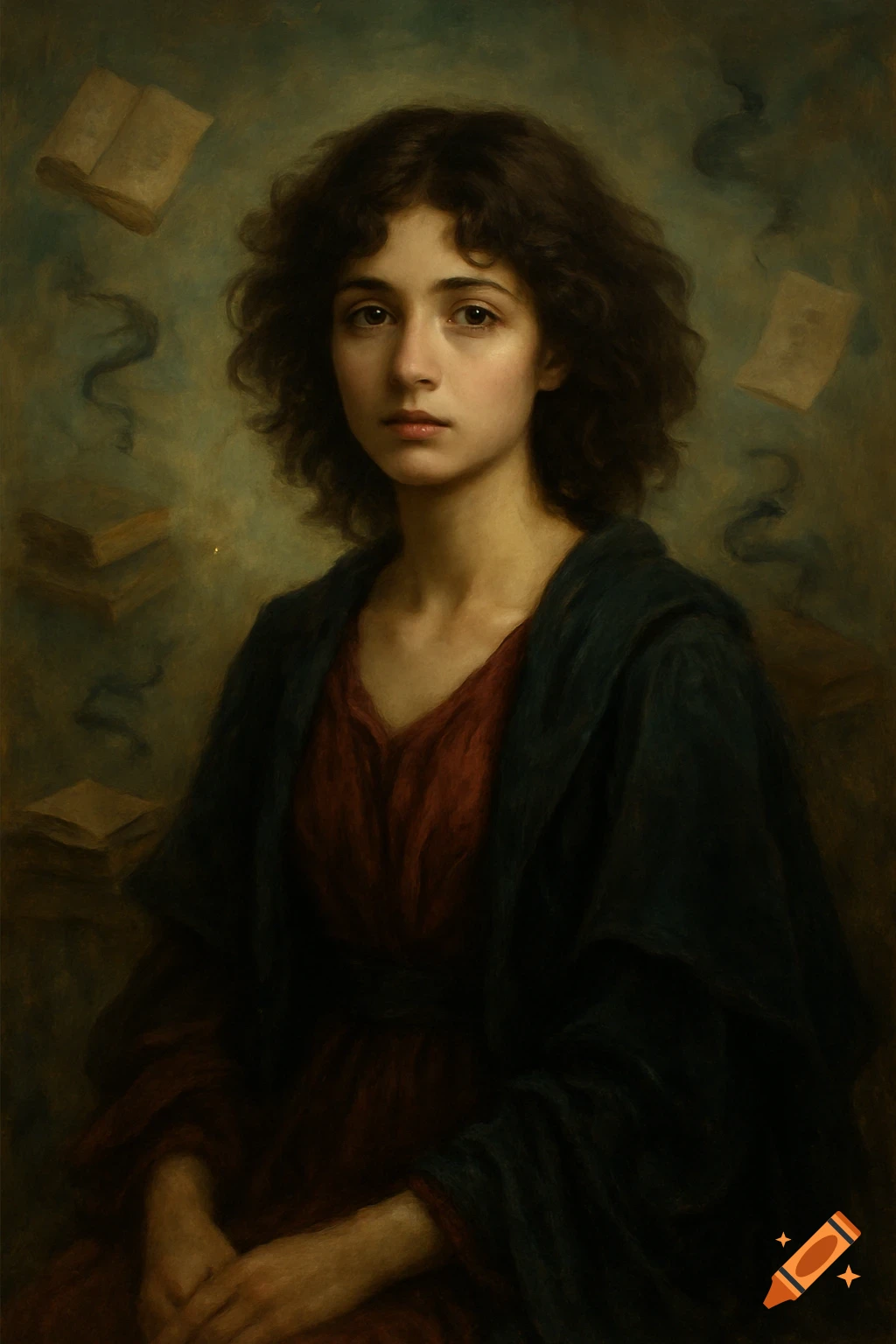 Painterly portrait of a young woman with curly brown hair in a dark gown, with books and wisps of ink floating around her.
