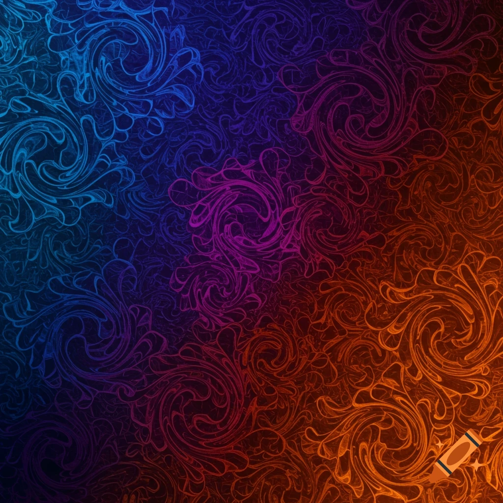 Abstract ornamental swirling pattern in a vibrant blue, purple, and orange gradient.