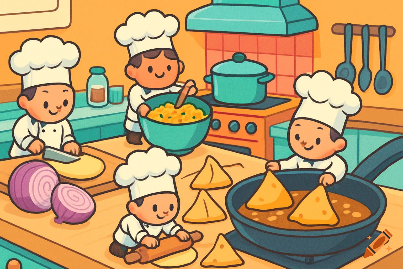 Cute cartoon mini chefs making samosas in a bright kitchen, with one chopping, one mixing, one rolling dough, and another frying.