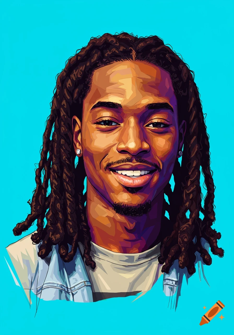A smiling Black man with long two-strand twist hair in a vibrant vector art style against a blue background.