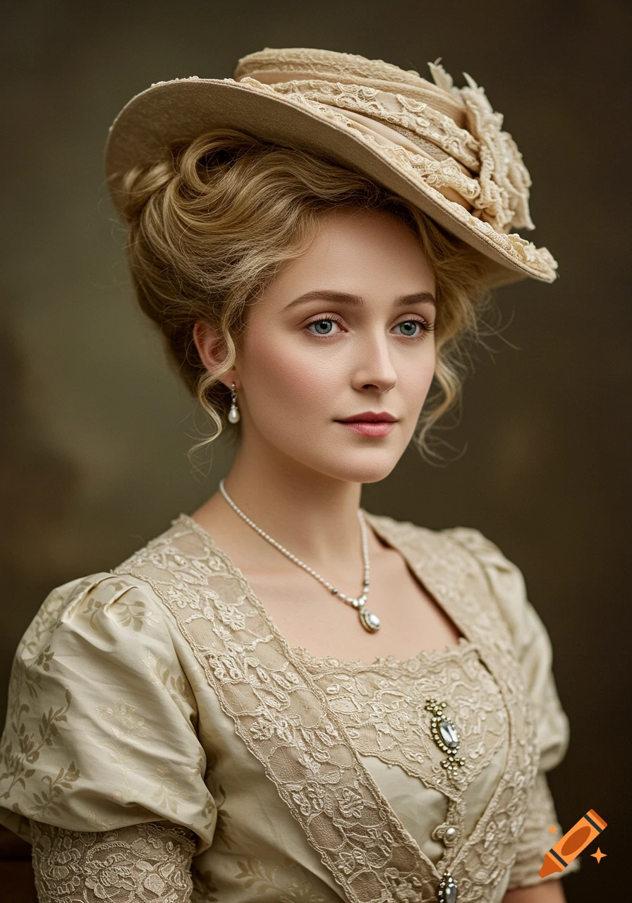 Photorealistic portrait of a young woman in 1890s attire, featuring an ornate hat and lace dress.