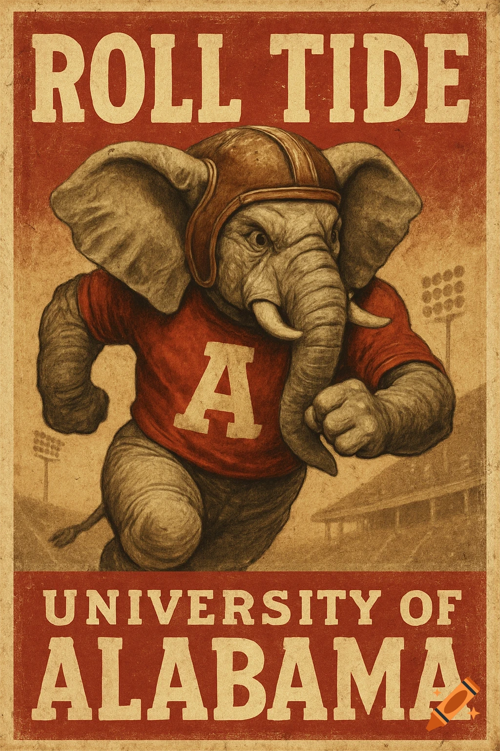 Vintage college football poster of a determined elephant mascot, Big Al, in a red jersey and leather helmet, with 'ROLL TIDE University of Alabama' text.