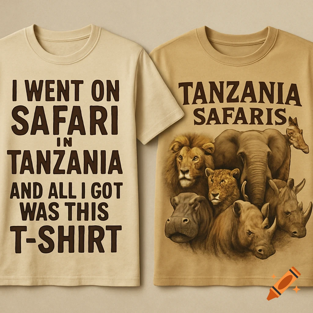 Two beige t-shirts. The left shirt reads "I WENT ON SAFARI IN TANZANIA AND ALL I GOT WAS THIS T-SHIRT". The right shirt reads "TANZANIA SAFARIS" above a graphic of a lion, elephant, hippo, and rhinoceros.