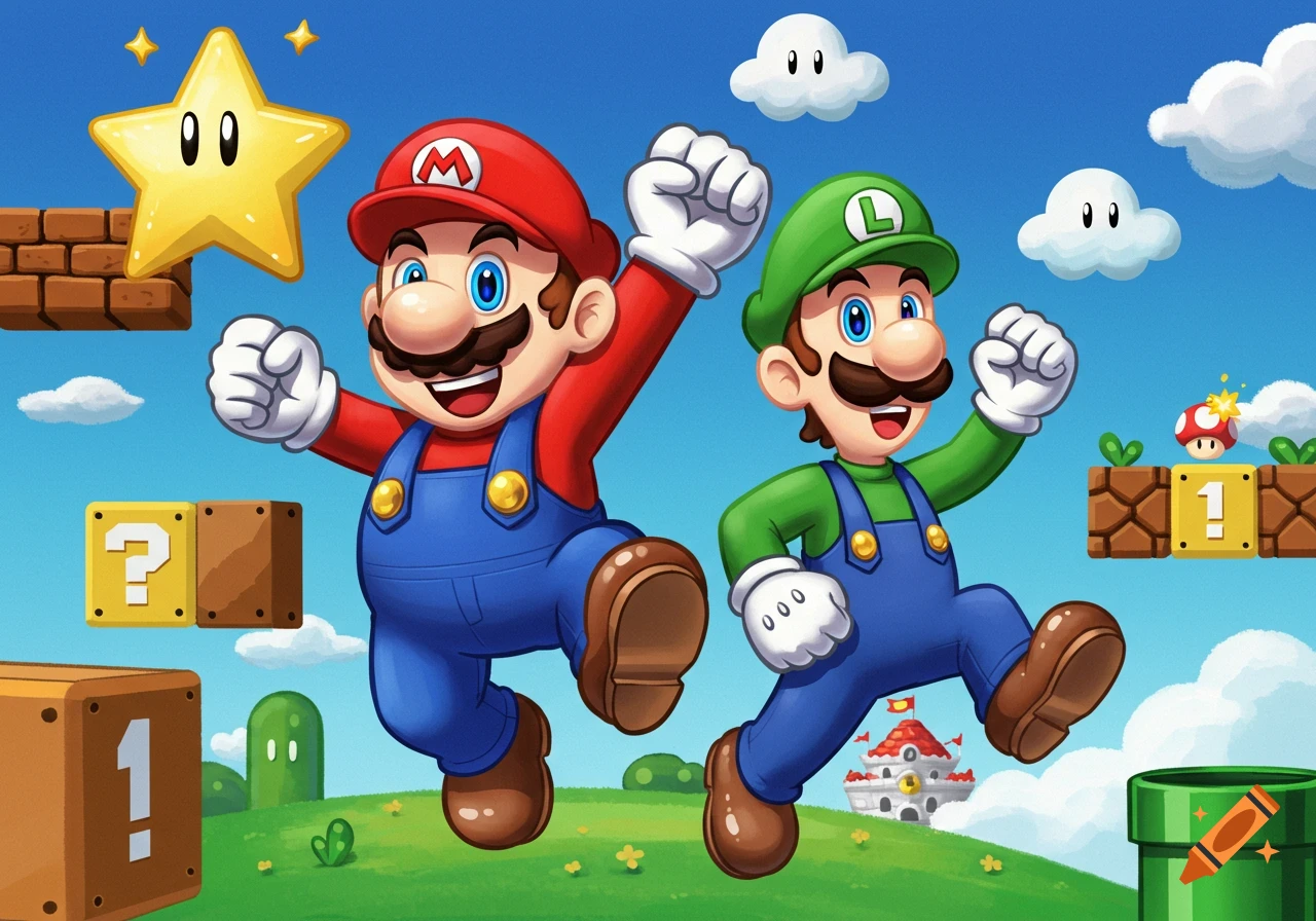 Mario and Luigi jump excitedly in a colorful Super Mario Brothers-style landscape with question mark blocks, bricks, a star, and clouds.