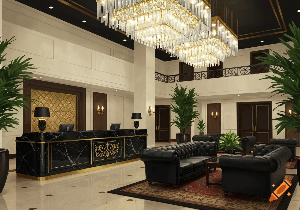 A grand hotel lobby with a black marble reception desk, black leather sofas, and large chandeliers.