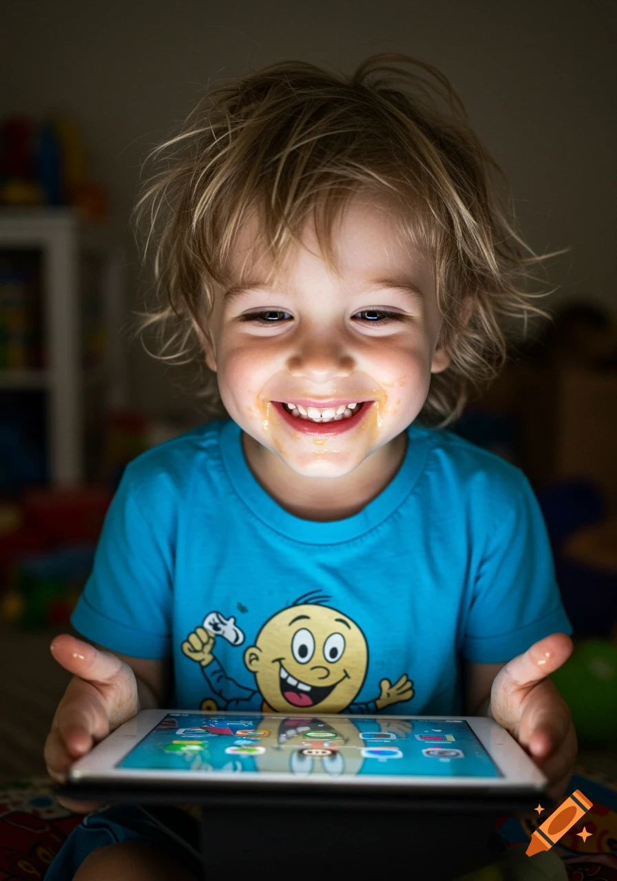 A smiling child with messy hair and food on their face holds an illuminated tablet in a dimly lit room.