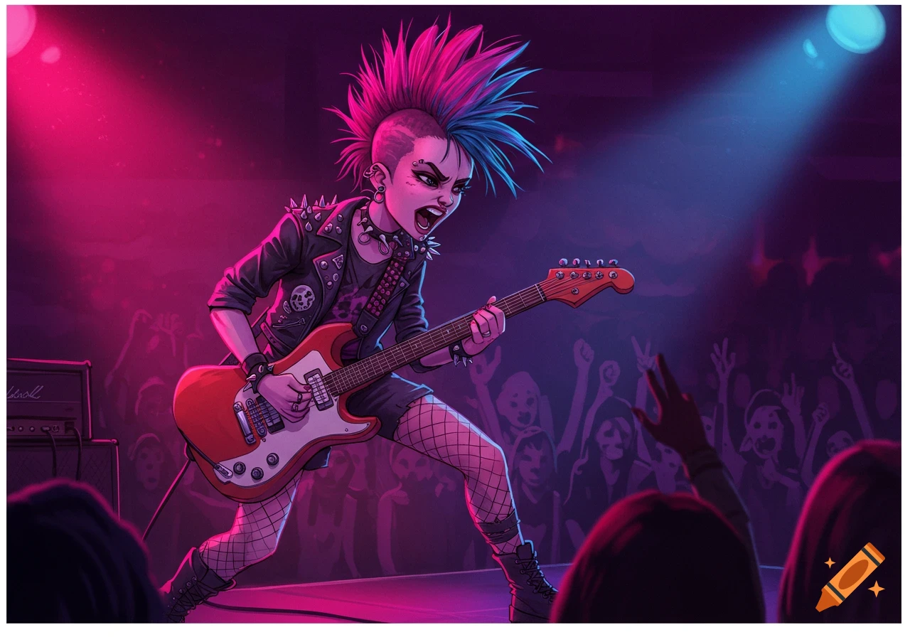 A vibrant illustration of a punk rock girl with a mohawk playing an ...