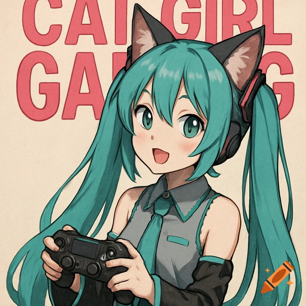 An anime-style Hatsune Miku cat girl with teal pigtails and cat ears smiles while holding a video game controller, against a beige background with red text that reads "CAT GIRL GAMING."