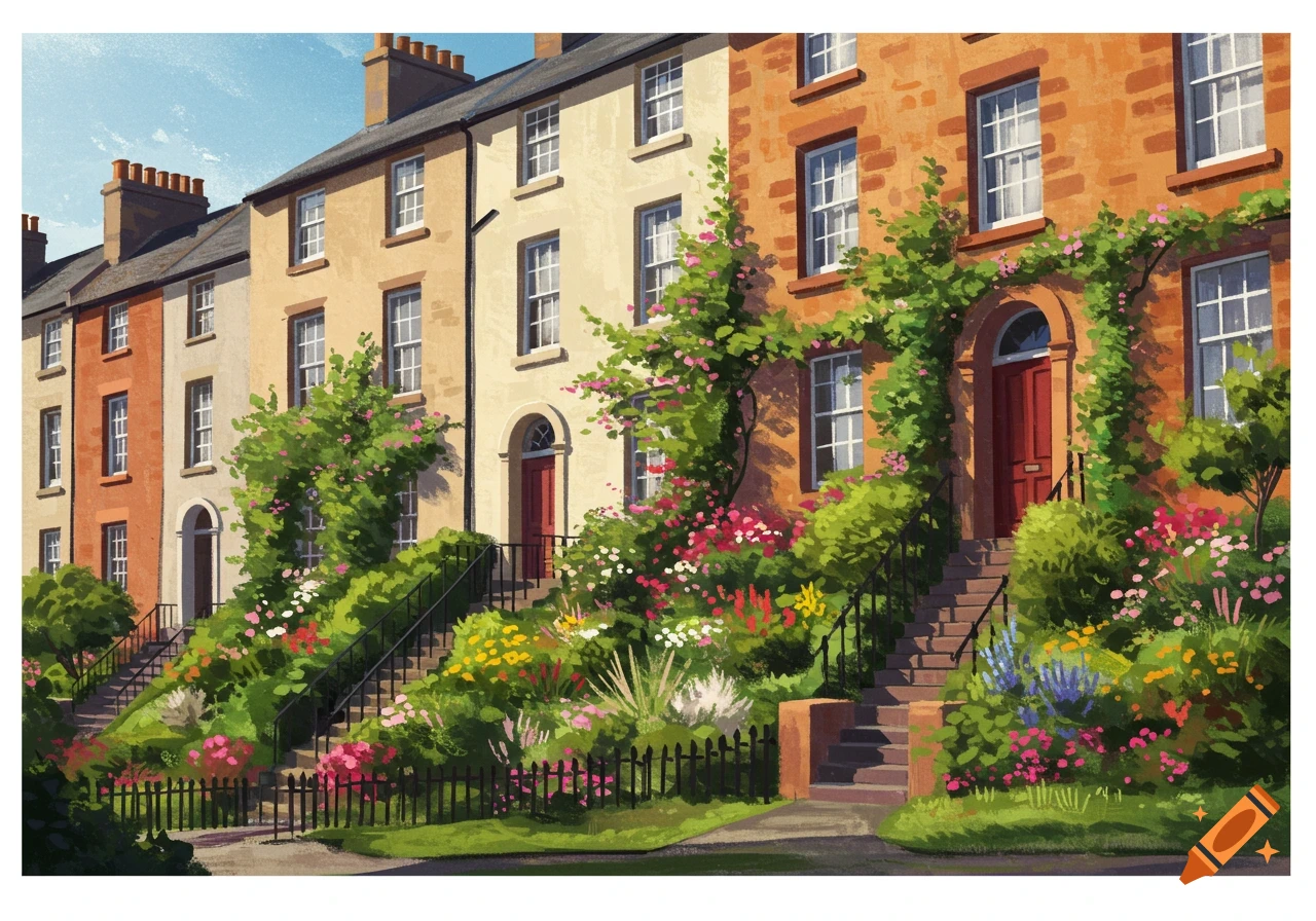 A row of colorful Edinburgh-style townhouses with red doors and lush, vibrant gardens cascading down front steps, under a clear sky.