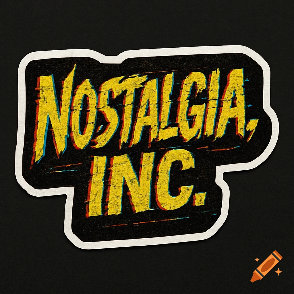 A black sticker with the text 'NOSTALGIA, INC.' in distressed yellow letters with a glitch effect, framed by a white border.