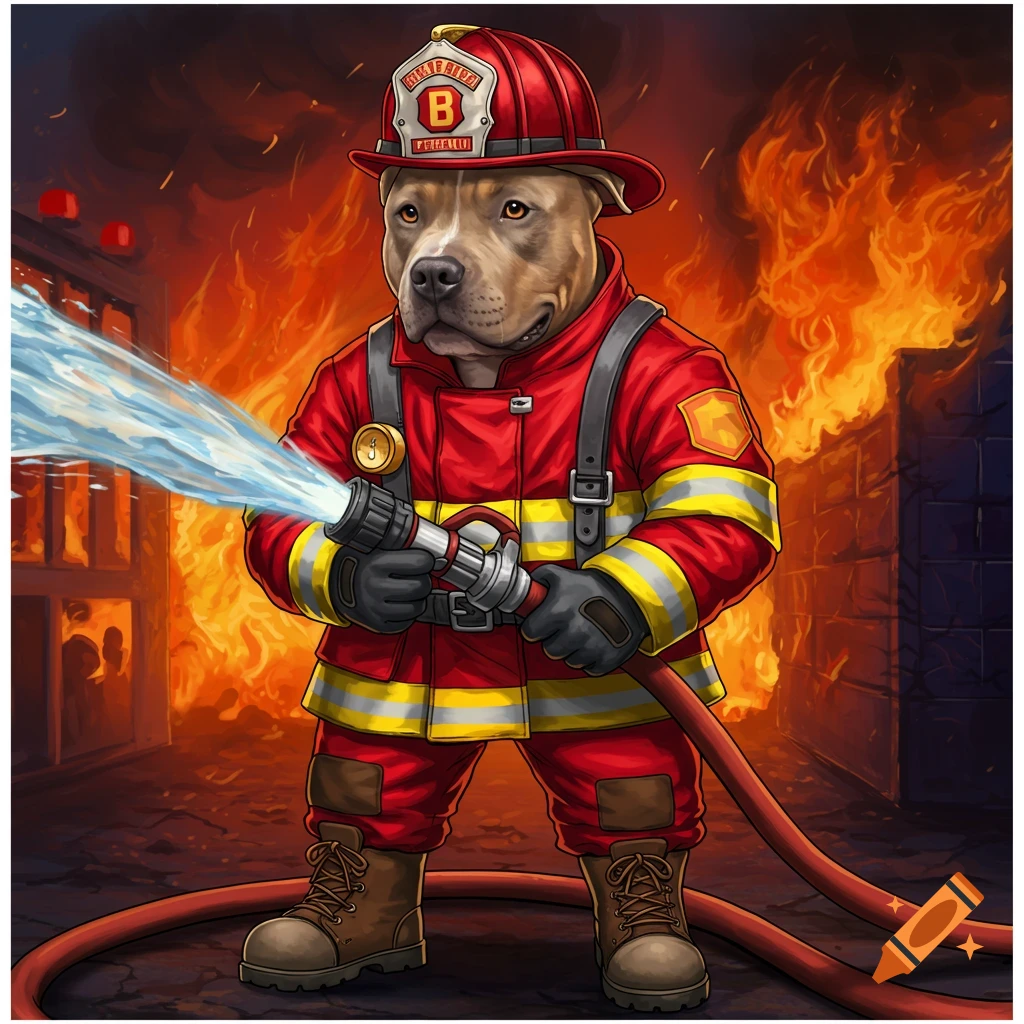 A cute pitbull dog dressed as a fireman sprays water from a hose at a fire in an illustrative style.