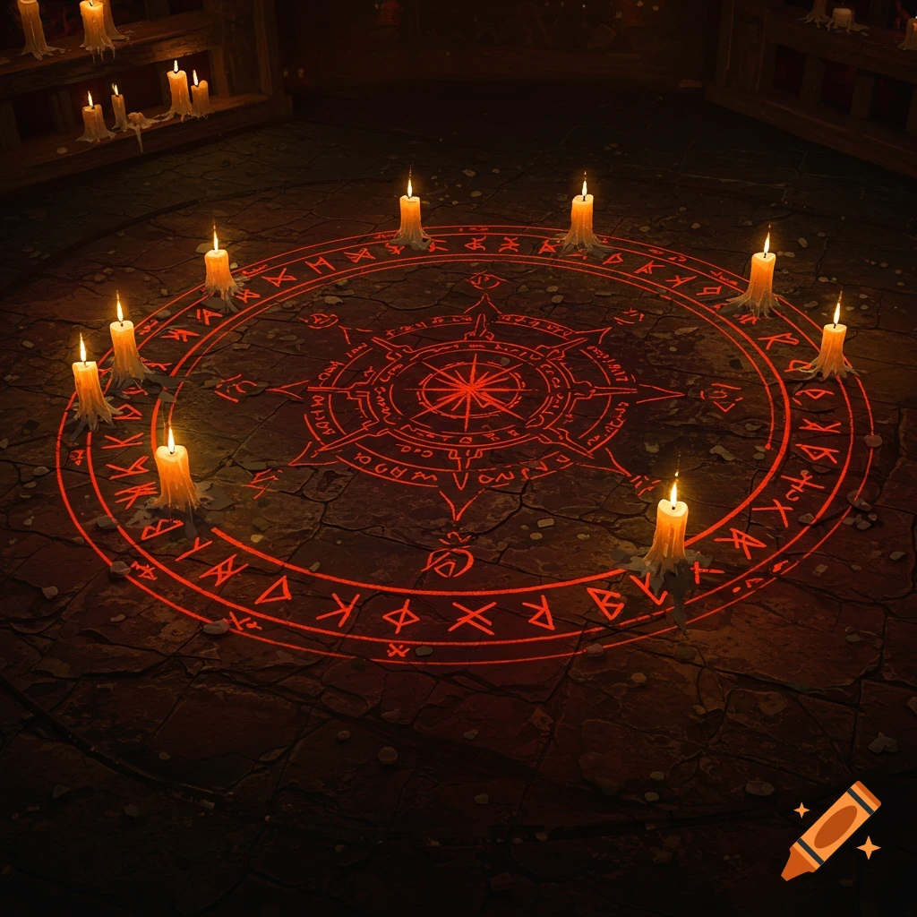 A glowing red demonic or magical circle with runes on a cracked stone floor, surrounded by flickering white candles.