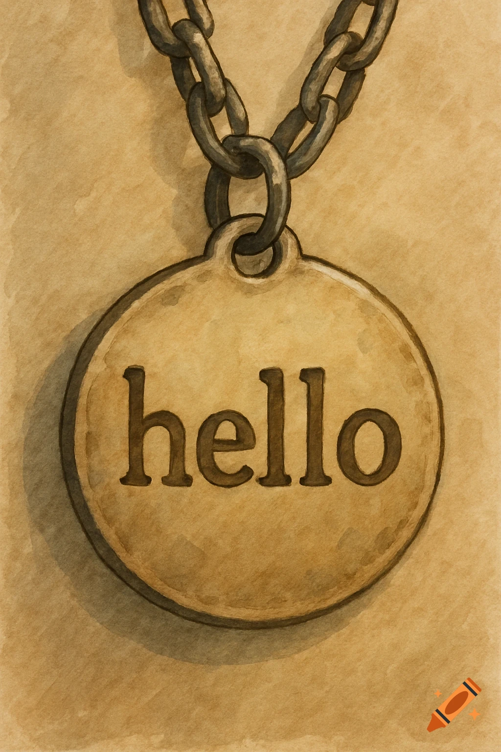 A watercolor illustration of a round, bronze-colored dog tag with the word 'hello' embossed on it, hanging from a metal chain.