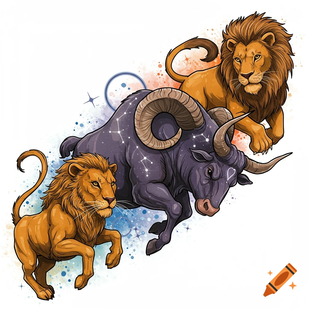 Stylized illustration of a gray ram, a brown bull with constellations, and two golden lions on a white background with watercolor splatters.