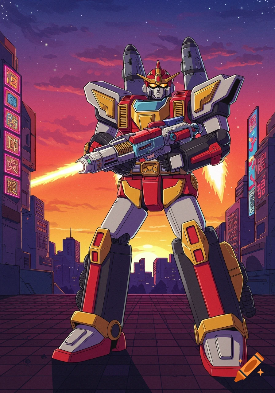 A red, white, and gold mecha robot firing a laser gun, standing in a city at sunset with purple and orange skies.