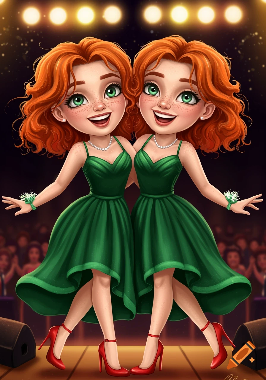 Cartoon illustration of two smiling twin girls with red hair, green eyes, freckles, green dresses, and red high heels on a stage.