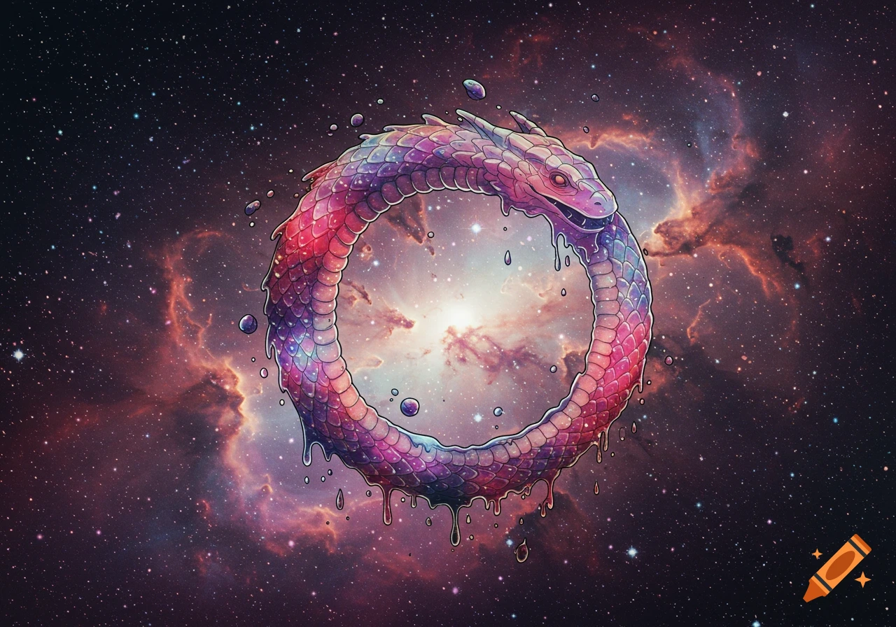 A vibrant, melting ouroboros floats in a cosmic nebula background ...